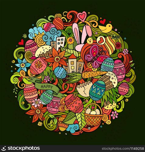 Cartoon vector hand drawn Doodle Happy Easter illustration. Colorful round detailed design background with objects and symbols. All objects are separated. Cartoon vector hand drawn Doodle Happy Easter illustration