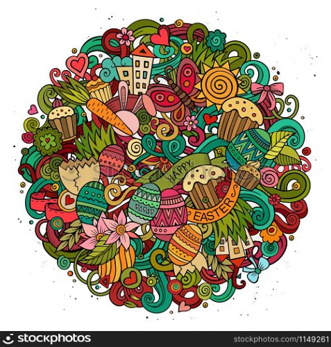 Cartoon vector hand drawn Doodle Happy Easter illustration. Colorful round detailed design background with objects and symbols. All objects are separated. Cartoon vector hand drawn Doodle Happy Easter illustration