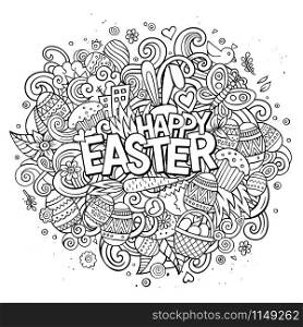 Cartoon vector hand drawn Doodle Happy Easter illustration. Line art detailed design background with objects and symbols. All objects are separated. Cartoon vector hand drawn Doodle Happy Easter illustration