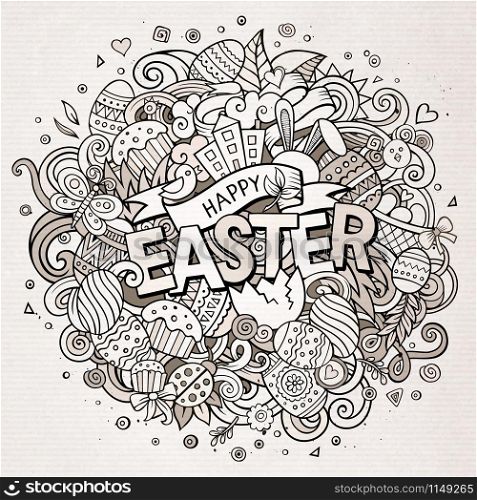 Cartoon vector hand drawn Doodle Happy Easter illustration. Line art detailed design background with objects and symbols. All objects are separated. Cartoon vector hand drawn Doodle Happy Easter illustration