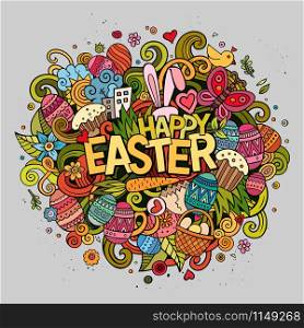 Cartoon vector hand drawn Doodle Happy Easter illustration. Colorful detailed design background with objects and symbols. All objects are separated. Cartoon vector hand drawn Doodle Happy Easter illustration