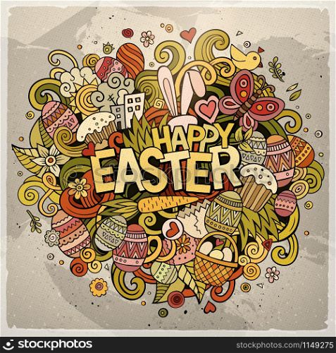 Cartoon vector hand drawn Doodle Happy Easter illustration. Colorful detailed design background with objects and symbols. All objects are separated. Cartoon vector hand drawn Doodle Happy Easter illustration