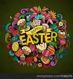 Cartoon vector hand drawn Doodle Happy Easter illustration. Colorful detailed background with objects and symbols. All objects are separated. Cartoon vector hand drawn Doodle Happy Easter illustration
