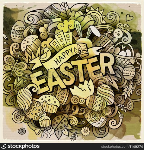 Cartoon vector hand drawn Doodle Happy Easter illustration. Watercolor detailed background with objects and symbols. All objects are separated. Cartoon vector hand drawn Doodle Happy Easter illustration