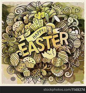 Cartoon vector hand drawn Doodle Happy Easter illustration. Watercolor detailed background with objects and symbols. All objects are separated. Cartoon vector hand drawn Doodle Happy Easter illustration