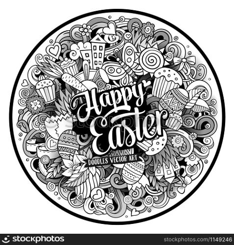 Cartoon vector hand drawn Doodle Happy Easter round design. Line art detailed illustration with objects and symbols. All objects are separated. Cartoon vector hand drawn Doodle Happy Easter round design
