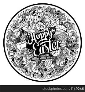 Cartoon vector hand drawn Doodle Happy Easter round design. Line art detailed illustration with objects and symbols. All objects are separated. Cartoon vector hand drawn Doodle Happy Easter round design