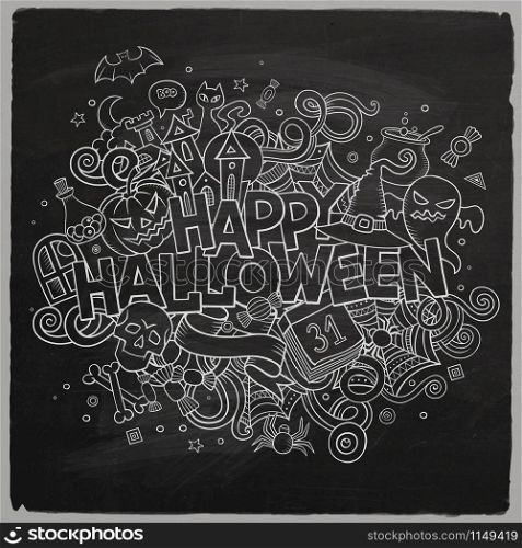 Cartoon vector hand drawn Doodle Happy Halloween illustration. Chalkboard design background with objects and symbols.. Cartoon vector hand drawn Doodle Happy Halloween illustration