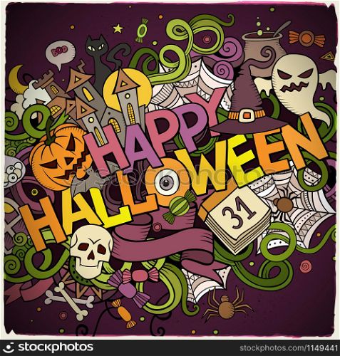 Cartoon vector hand drawn Doodle Happy Halloween illustration. Colorful design background with objects and symbols.. Cartoon vector hand drawn Doodle Happy Halloween illustration