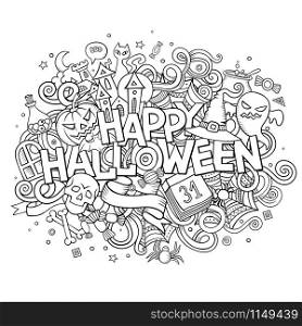Cartoon vector hand drawn Doodle Happy Halloween illustration. Sketchy design background with objects and symbols.. Cartoon vector hand drawn Doodle Happy Halloween illustration