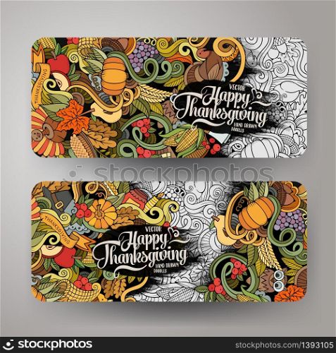 Cartoon vector hand-drawn Doodle Happy Thanksgiving Day cards. 2 horizontal banners design templates set. Cartoon vector hand-drawn Doodle Happy Thanksgiving Day cards