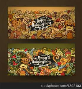 Cartoon vector hand-drawn Doodle Happy Thanksgiving Day cards. Horizontal banners design templates set. Cartoon vector hand-drawn Doodle Happy Thanksgiving Day cards