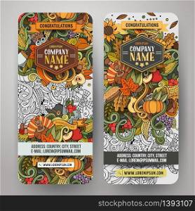Cartoon vector hand-drawn Doodle Happy Thanksgiving Day cards. Vertical banners design templates set. Cartoon vector hand-drawn Doodle Happy Thanksgiving Day cards