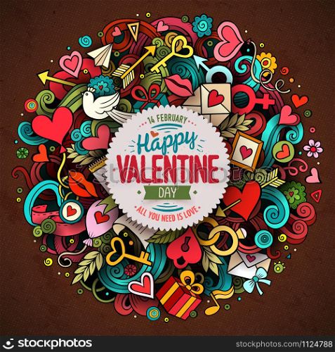 Cartoon vector hand drawn Doodle Happy Valentine&rsquo;s Day illustration. Colorful detailed design background with objects and symbols. All objects are separated. Cartoon vector hand drawn Doodle Happy Valentine&rsquo;s Day illustration