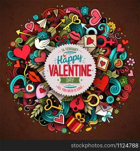 Cartoon vector hand drawn Doodle Happy Valentine&rsquo;s Day illustration. Colorful detailed design background with objects and symbols. All objects are separated. Cartoon vector hand drawn Doodle Happy Valentine&rsquo;s Day illustration