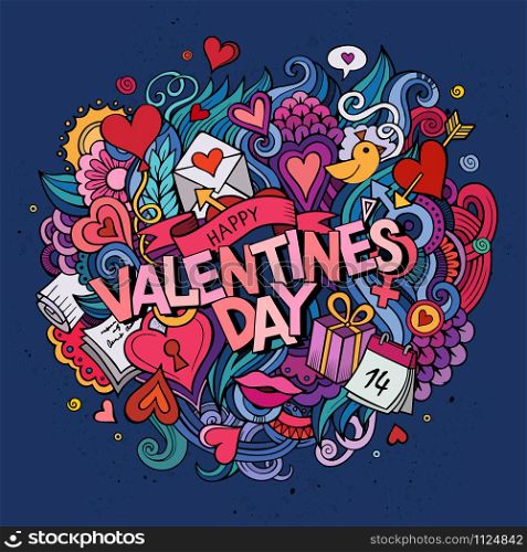 Cartoon vector hand drawn Doodle Happy Valentines Day illustration. Colorful detailed design background with objects and symbols. Cartoon vector hand drawn Doodle Happy Valentines Day