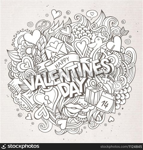 Cartoon vector hand drawn Doodle Happy Valentines Day illustration. Line art design background with objects and symbols.. Cartoon vector hand drawn Doodle Happy Valentines Day