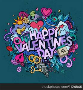 Cartoon vector hand drawn Doodle Happy Valentines Day illustration. Colorful design background with objects and symbols.. Cartoon vector hand drawn Doodle Happy Valentines Day