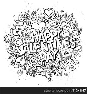 Cartoon vector hand drawn Doodle Happy Valentines Day illustration. Line art detailed design background with objects and symbols. All objects are separated. Cartoon vector hand drawn Doodle Happy Valentines Day