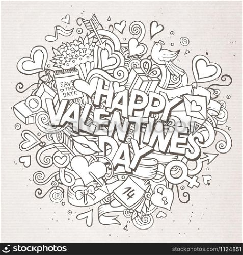 Cartoon vector hand drawn Doodle Happy Valentines Day illustration. Line art detailed design background with objects and symbols. Cartoon vector hand drawn Doodle Happy Valentines Day