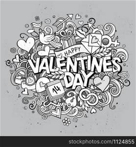 Cartoon vector hand drawn Doodle Happy Valentines Day illustration. Line art design background with objects and symbols.. Cartoon vector hand drawn Doodle Happy Valentines Day