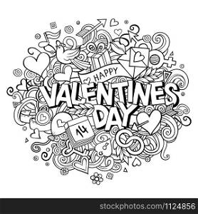 Cartoon vector hand drawn Doodle Happy Valentines Day illustration. Line art detailed design background with objects and symbols. All objects are separated. Cartoon vector hand drawn Doodle Happy Valentines Day
