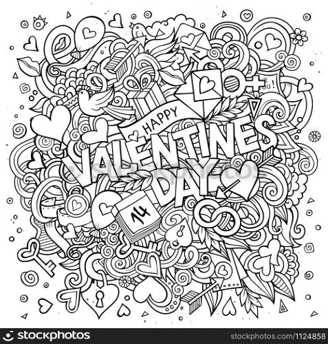 Cartoon vector hand drawn Doodle Happy Valentines Day illustration. Line art detailed design background with objects and symbols. Cartoon vector hand drawn Doodle Happy Valentines Day