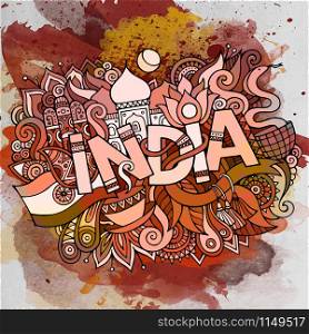 Cartoon vector hand drawn doodle India illustration. Watercolor detailed design background with objects and symbols. India country hand lettering and doodles elements