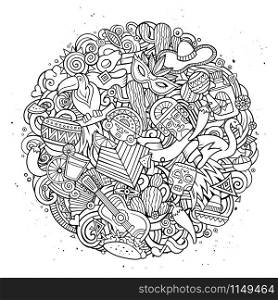 Cartoon vector hand drawn Doodle Latin American illustration. Line art round detailed design background with objects and symbols. All objects are separated. Cartoon vector hand drawn Doodle Latin American illustration