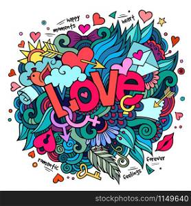 Cartoon vector hand drawn doodle Love illustration. Colorful design background with objects and symbols.. Love hand lettering and doodles elements