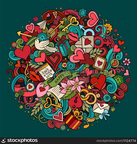 Cartoon vector hand drawn Doodle Love illustration. Colorful detailed design background with objects and symbols. All objects are separated. Cartoon vector hand drawn Doodle Love illustration