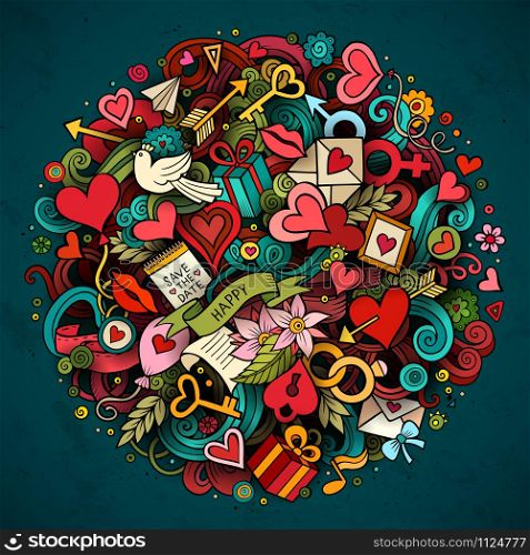 Cartoon vector hand drawn Doodle Love illustration. Colorful detailed design background with objects and symbols. All objects are separated. Cartoon vector hand drawn Doodle Love illustration