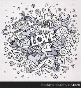 Cartoon vector hand drawn Doodle Love illustration. Line art design background with objects and symbols.. Cartoon vector hand drawn Doodle Love illustration