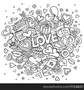 Cartoon vector hand drawn Doodle Love illustration. Line art design background with objects and symbols. All objects are separated. Cartoon vector hand drawn Doodle Love illustration