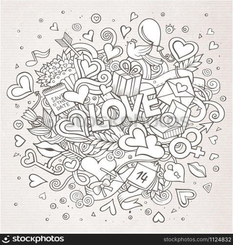 Cartoon vector hand drawn Doodle Love illustration. Line art detailed design background with objects and symbols. Cartoon vector hand drawn Doodle Love illustration