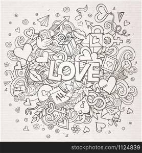 Cartoon vector hand drawn Doodle Love illustration. Line art detailed design background with objects and symbols. Cartoon vector hand drawn Doodle Love illustration