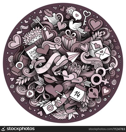 Cartoon vector hand drawn Doodle Love round illustration. Sepia detailed design background with objects and symbols. All objects are separated. Cartoon vector hand drawn Doodle Love illustration