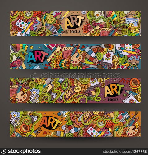 Cartoon vector hand-drawn Doodle on the subject of art and craft. Horizontal banners design templates set. Cartoon vector hand-drawn Doodle on the subject of art and craft