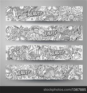 Cartoon vector hand-drawn Doodle on the subject of cosmetic and beauty. Horizontal banners design templates set. Cartoon vector hand-drawn Doodle cosmetic banners design