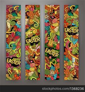 Cartoon vector hand-drawn Doodle on the subject of Easter. 4 vertical banners design templates set. Corporate Identity vector templates set with doodles easter theme