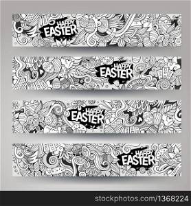 Cartoon vector hand-drawn Doodle on the subject of Easter. Horizontal banners design templates set. Corporate Identity vector templates set with doodles easter theme