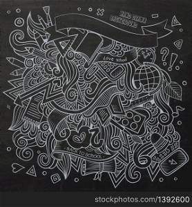 Cartoon vector hand-drawn Doodle on the subject of education. Chalkboard design background with school objects and symbols.. Cartoon vector hand-drawn Doodle on the subject of education.
