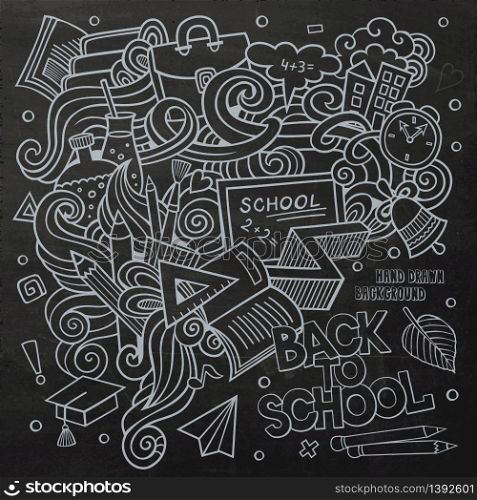 Cartoon vector hand-drawn Doodle on the subject of education. Chalkboard design background with school objects and symbols.. Cartoon vector hand-drawn Doodle on the subject of education.