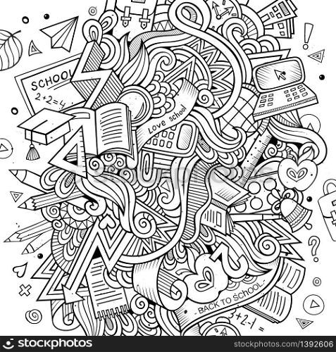 Cartoon vector hand drawn Doodle on the subject of education. Sketchy design background with school objects and symbols.. Cartoon vector Doodle education