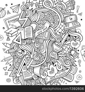 Cartoon vector hand drawn Doodle on the subject of education. Sketchy design background with school objects and symbols.. Cartoon vector Doodle education