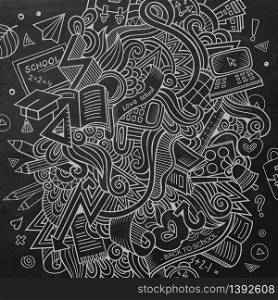 Cartoon vector hand drawn Doodle on the subject of education. Sketchy design background with school objects and symbols.. Cartoon vector Doodle education