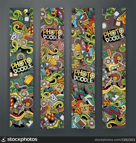 Cartoon vector hand-drawn Doodle on the subject of photo. 4 vertical banners design templates set. Cartoon vector hand-drawn Doodle on the subject of photo