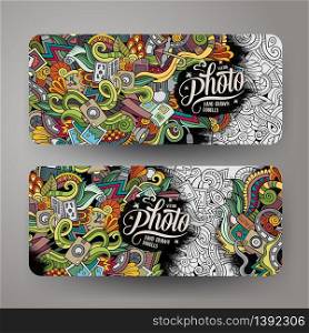 Cartoon vector hand-drawn Doodle on the subject of photo. 2 horizontal banners design templates set. Cartoon vector hand-drawn Doodle on the subject of photo