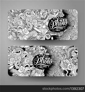 Cartoon vector hand-drawn Doodle on the subject of photo. 2 horizontal banners design templates set. Cartoon vector hand-drawn Doodle on the subject of photo