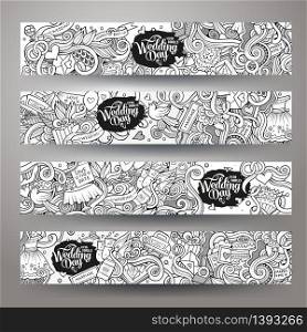 Cartoon vector hand-drawn Doodle on the subject of wedding. Horizontal banners design templates set. Cartoon vector hand-drawn Doodle on the subject of wedding.